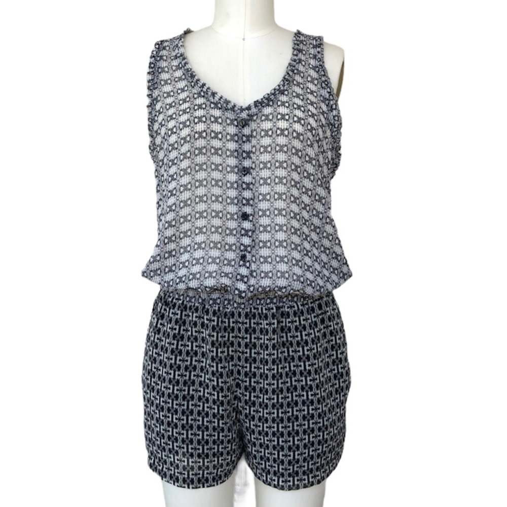 Zara Basic Geometric Cinched Waist Sheer Romper O… - image 1